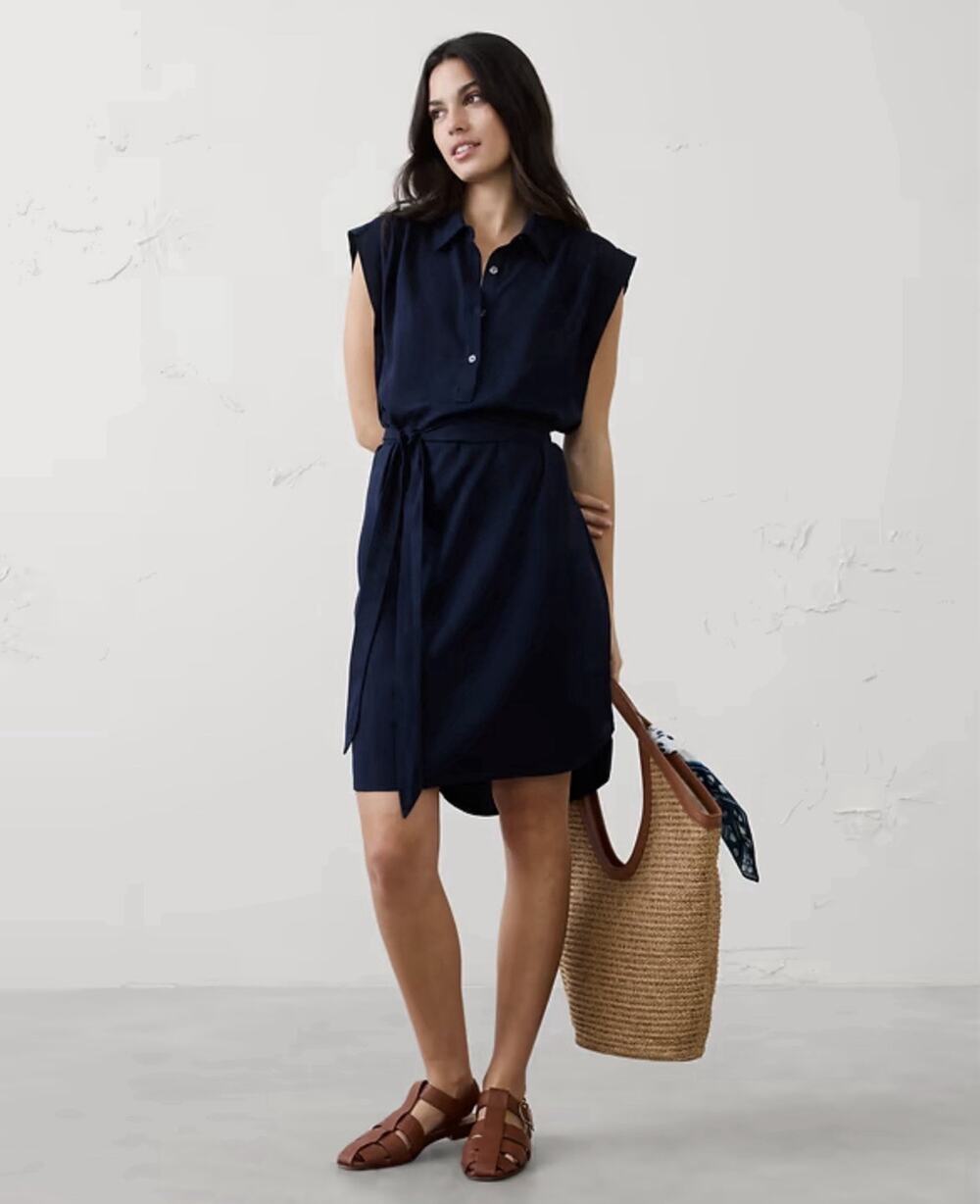 BANANA REPUBLIC Sleeveless Shirt Dress Navy Blue Belted Midi Poplin Womens XS